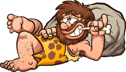 Cartoon caveman resting after a meal. Vector clip art illustration with simple gradients. Caveman and rock on separate layers. - obrazy, fototapety, plakaty