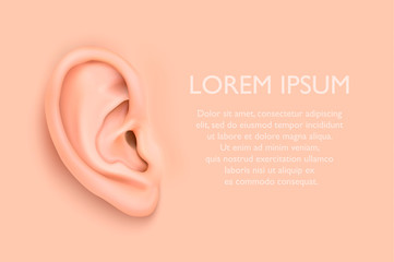 Vector background with realistic human ear closeup. Design template of body part, human organ for web, app, posters, infographics etc - obrazy, fototapety, plakaty