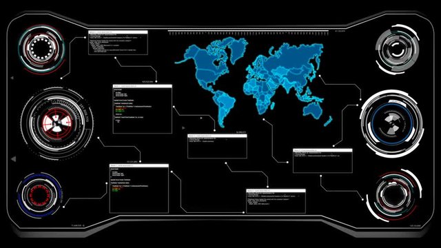 4K Animation UI User Interface with world map data HUD pi bar text box table and element on dark abstract background for futuristic technology concept