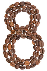 Arabic numeral 8, eight, from coffee beans, isolated on white background