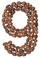 Arabic numeral 9, nine, from coffee beans, isolated on white background