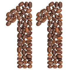 Arabic numeral 11, eleven, from coffee beans, isolated on white background