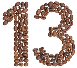 Arabic numeral 13, thirteen, from coffee beans, isolated on white background
