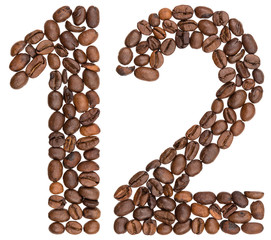 Arabic numeral 12, twelve, from coffee beans, isolated on white background