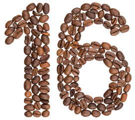 Arabic numeral 16, sixteen, from coffee beans, isolated on white background