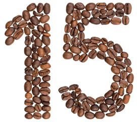 Arabic numeral 15, fifteen, from coffee beans, isolated on white background