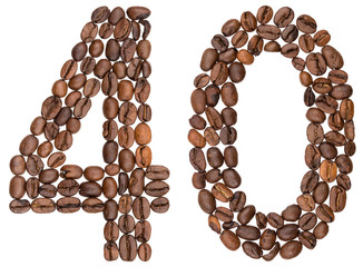 Arabic numeral 40, forty, from coffee beans, isolated on white background