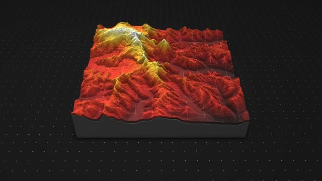 3d render of a soil slice, mountains isolated on dark background. cross section of ground relief with mountains and meadows.	