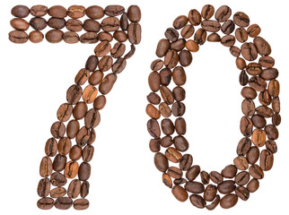 Arabic numeral 70, seventy, from coffee beans, isolated on white background