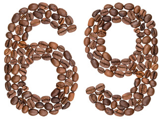 Arabic numeral 69, sixty nine, from coffee beans, isolated on white background