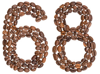 Arabic numeral 68, sixty eight, from coffee beans, isolated on white background
