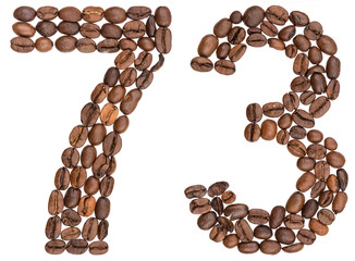 Arabic numeral 73, seventy three, from coffee beans, isolated on white background