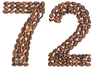 Arabic numeral 72, seventy two, from coffee beans, isolated on white background