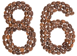 Arabic numeral 86, eighty six, from coffee beans, isolated on white background