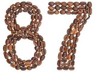Arabic numeral 87, eighty seven, from coffee beans, isolated on white background