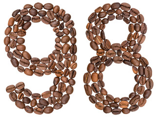 Arabic numeral 98, ninety eight, from coffee beans, isolated on white background