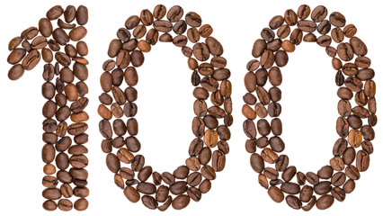 Arabic numeral 100, one hundred, from coffee beans, isolated on white background