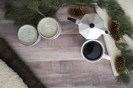 coffee and espresso maker on wood floor top view for winter and christmas