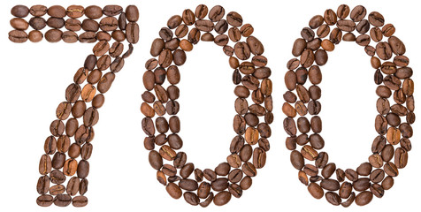 Arabic numeral 700, seven hundred, from coffee beans, isolated on white background