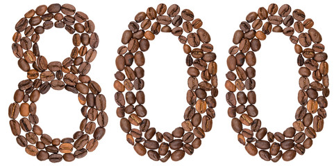 Arabic numeral 800, eight hundred, from coffee beans, isolated on white background