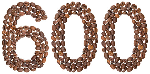 Arabic numeral 600, six hundred, from coffee beans, isolated on white background