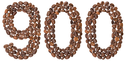 Arabic numeral 900, nine hundred, from coffee beans, isolated on white background
