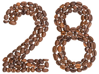 Arabic numeral 28, twenty eight, from coffee beans, isolated on white background