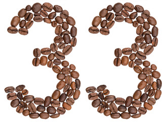 Arabic numeral 33, thirty three, from coffee beans, isolated on white background