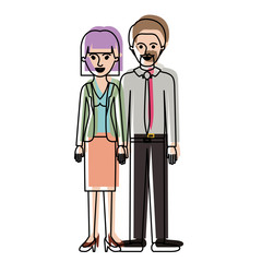 couple in watercolor silhouette and her with blouse and jacket and skirt and heel shoes with mushroom hairstyle and him with shirt and tie and pants and shoes with short hair and goatee beard vector