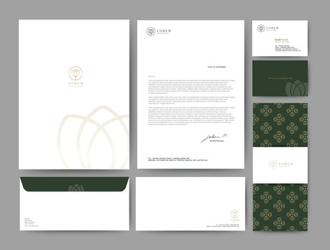 Branding identity stationary template corporate company design, Set for business hotel, resort, spa, luxury premium logo, Green and gold color. Vector illustration.