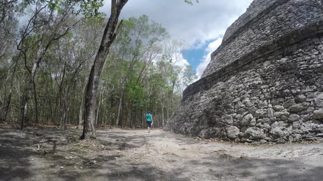 Tourist visiting the Ek Balam Mayan ruins in Mexico