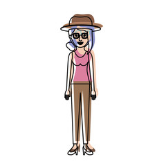 woman with hat and glasses and t-shirt sleeveless and pants and heel shoes with collected hair and fringe in watercolor silhouette vector illustration