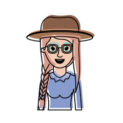 woman half body with hat and glasses and blouse long sleeve with braid and fringe hairstyle in watercolor silhouette vector illustration