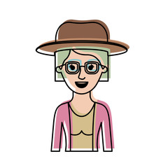 woman half body with hat and glasses and blouse with jacket and short hair in watercolor silhouette vector illustration