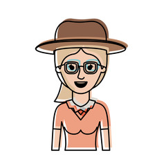woman half body with hat and glasses with blouse and ponytail hair in watercolor silhouette vector illustration
