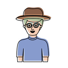 man half body with hat and glasses and t-shirt with short hair in watercolor silhouette vector illustration