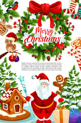 Christmas greeting card of gift, wreath and Santa
