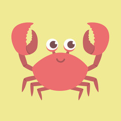 Cute smiling Red Crab vector illustration cartoon character design lifting up claws, isolated on yellow background.