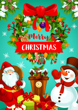 Christmas wreath, gift and Santa greeting banner