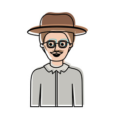 man half body with hat and glasses and shirt with short hair and moustache in watercolor silhouette vector illustration