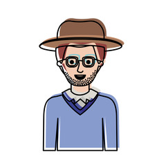 man half body with hat and glasses and sweater with stubble beard in watercolor silhouette vector illustration