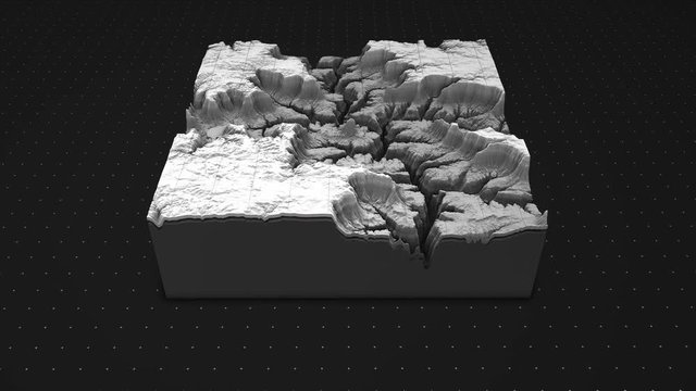 3d render of a soil slice, mountains isolated on dark background. cross section of ground relief with mountains and meadows.	