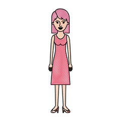 woman full body with dress and heel shoes with mid length hair in colored crayon silhouette vector illustration