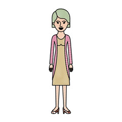woman full body with blouse and jacket and skirt and heel shoes with short hair in colored crayon silhouette vector illustration
