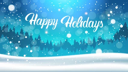 Foto op Canvas Happy Holidays Background Night In Winter Forest Landscape Falling Snow Flat Vector Illustration © mast3r