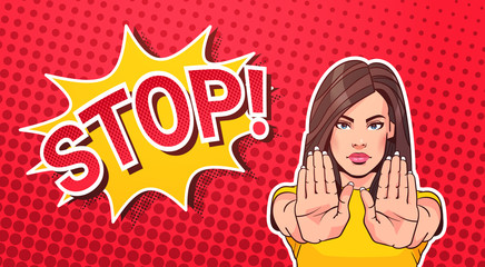 Woman Gesturing No Or Stop Sign Pop Art Style Banner Dot Background Vector Illustration - obrazy, fototapety, plakaty