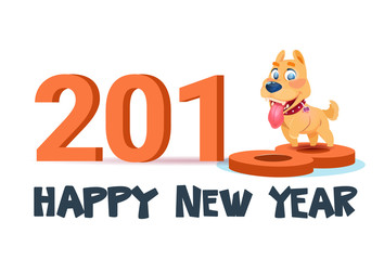 Happy New Year 2018 Poster With Cute Dog On White Background Vector Illustration