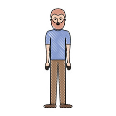 man full body with t-shirt and pants and shoes with short hair and beard in colored crayon silhouette vector illustration