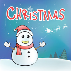 Merry Christmas with Santa sleigh and reindeer. Snowman and pine tree in doodle style for Xmas Holiday and Happy New Year. 