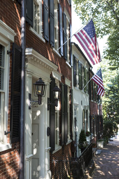 American Flags Displayed On Historic 18th Century Home In Alexandria, VA